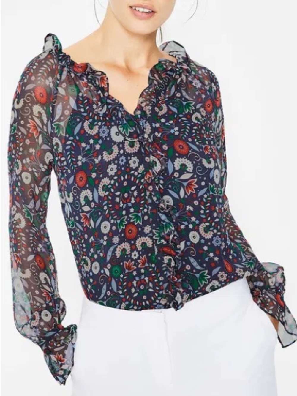 Boden Stephanie Navy Floral Paisley Sheer Silk Ruffled Blouse Size US 4